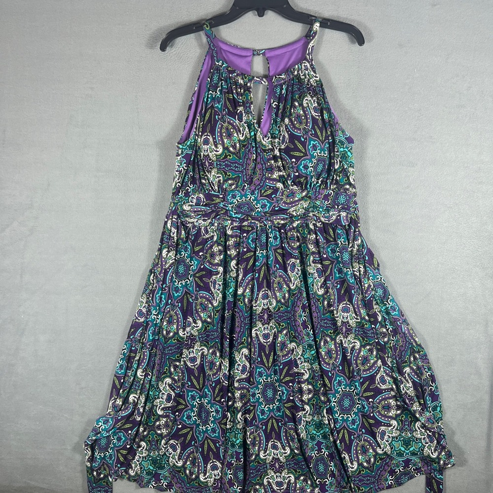 R&K Originals Womens Dress 14 Purple Paisley Halter Sleeveless Knee Length 3191